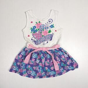 Vtg Dress 90s Girls Sz 2T Purple Floral Heart Casual Graphic Sundress